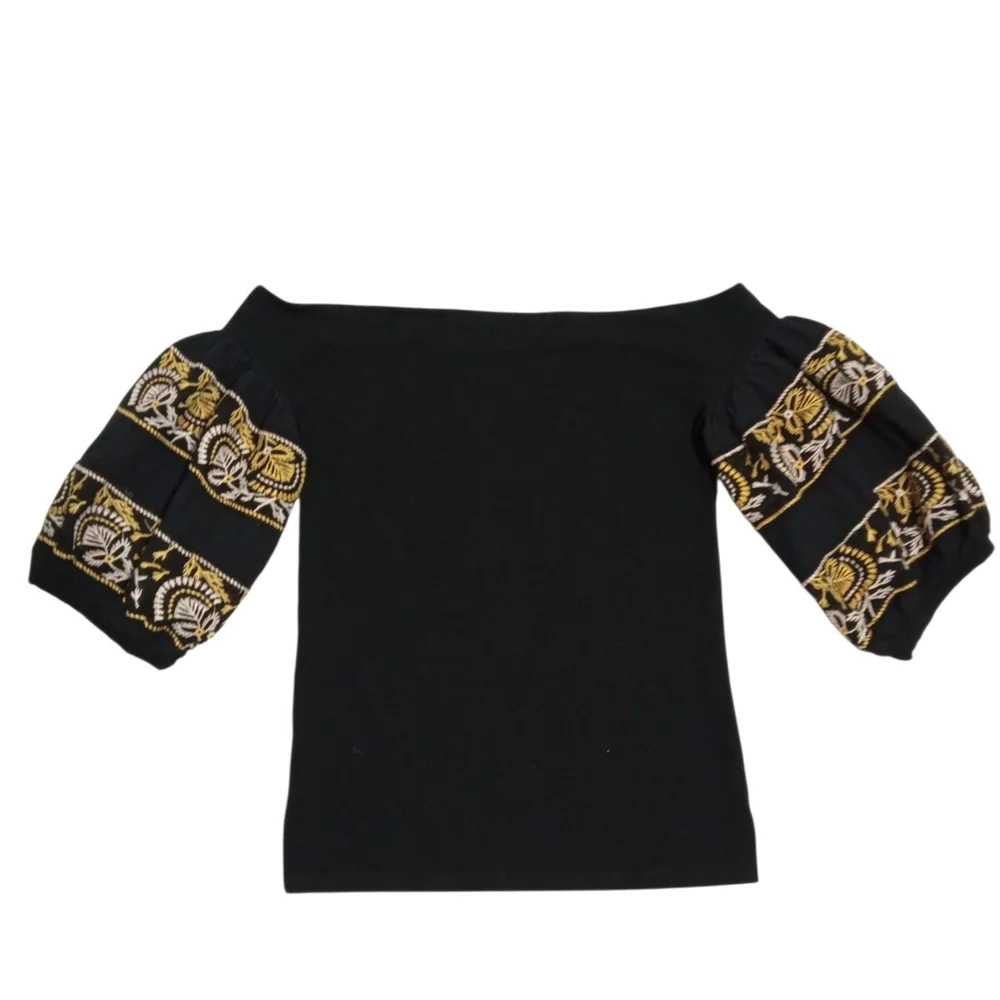 Free People Black Off Shoulder Gold Embroidered Balloon Sleeve Boho Blouse Sz SP