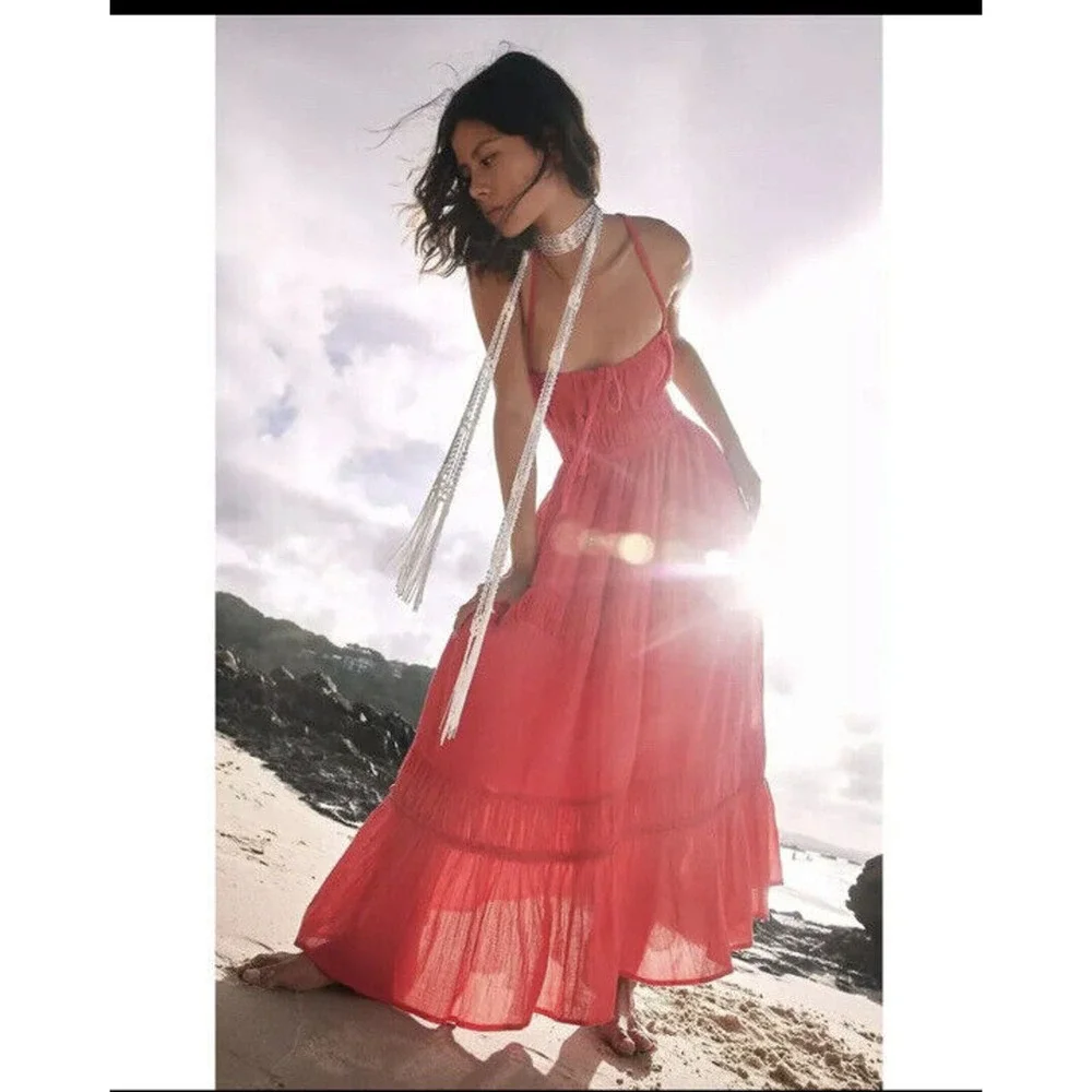 Free People Coral Pink Tiered Maxi Dress