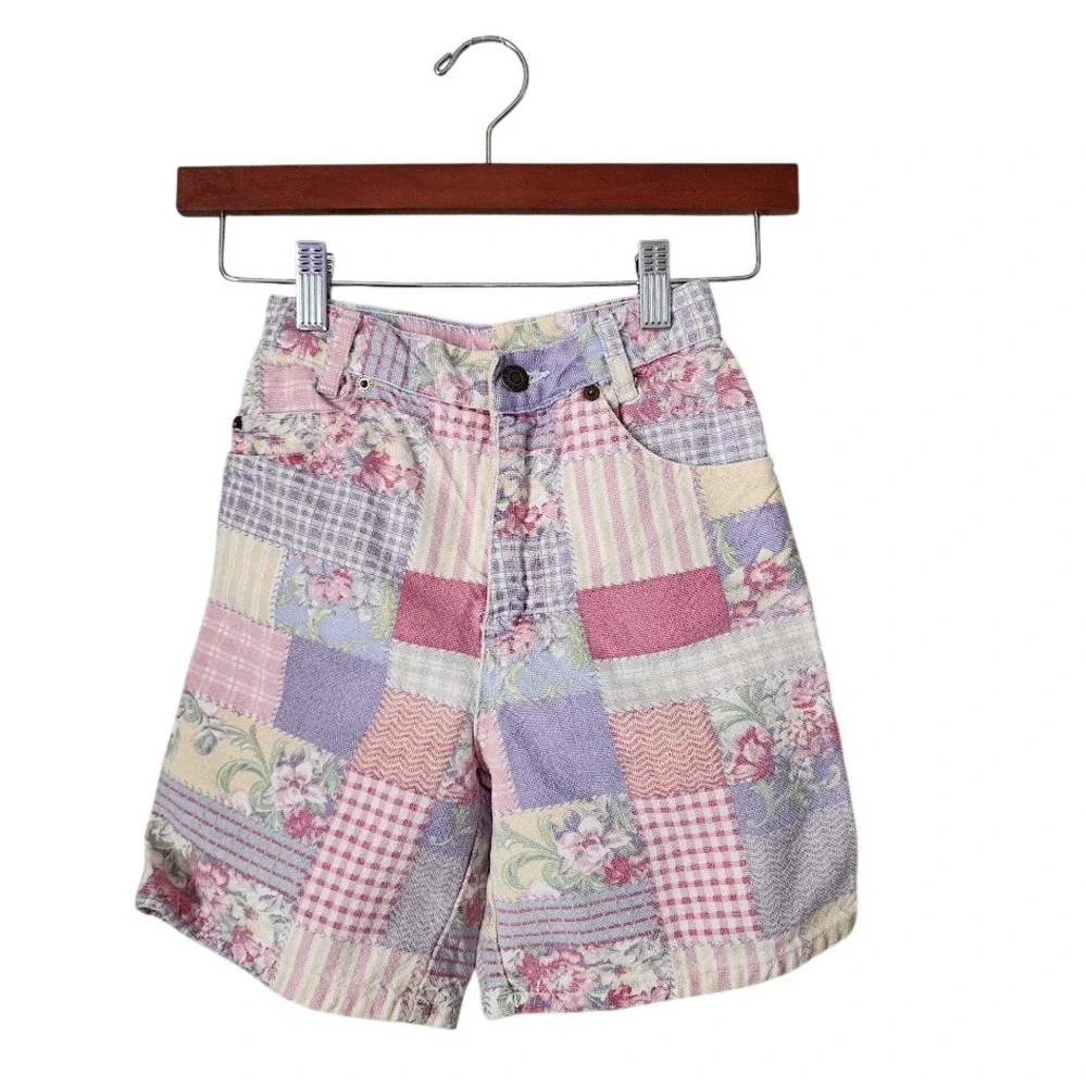 MERONA VINTAGE Patchwork Floral Plaid Shorts Cottagecore‎ Girls 8 Made In USA