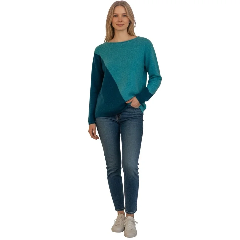 Lauren Hansen 100%‎ Cashmere Colorblock Sweater Women's Blue Pullover Luxury