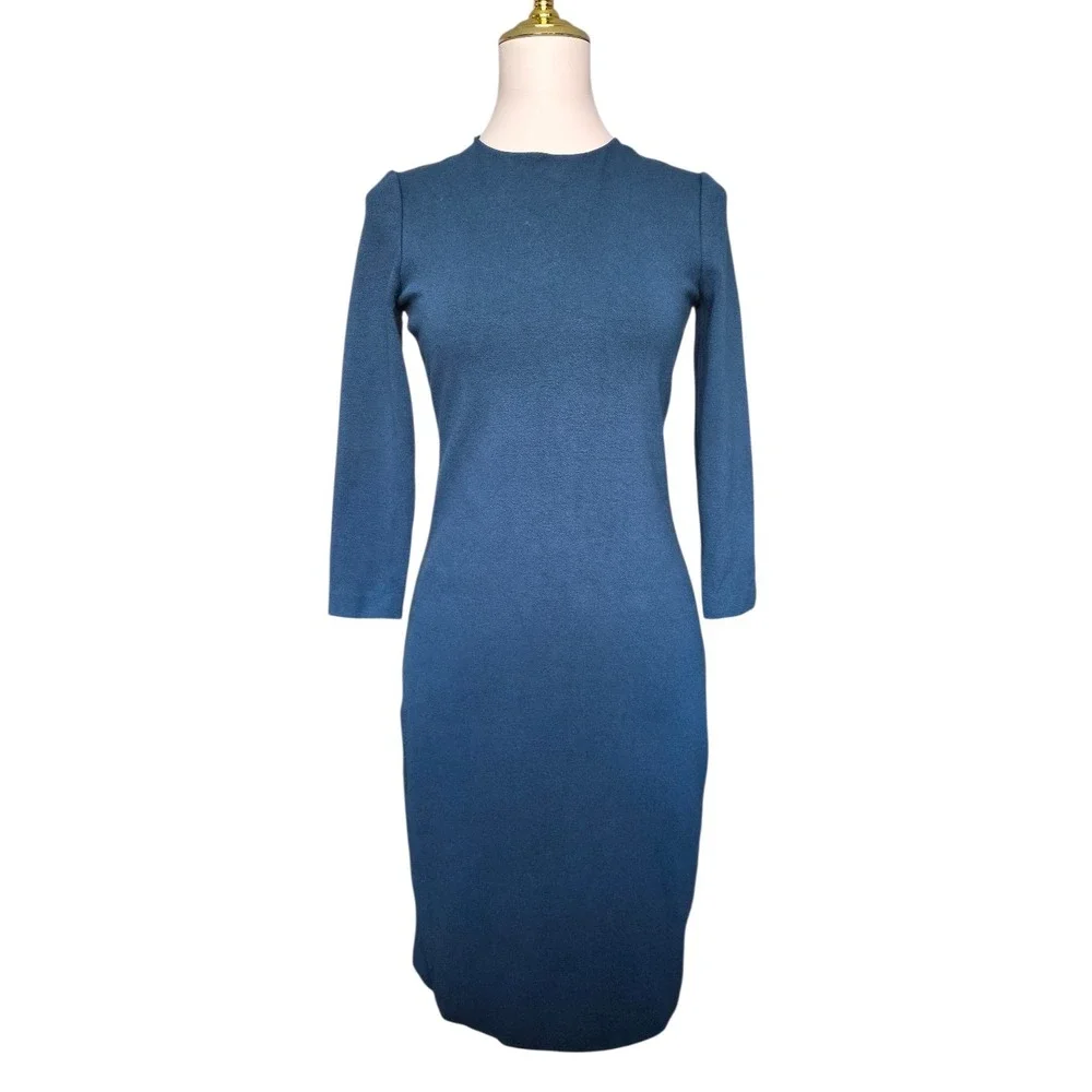 Vince Sheath Midi Womens‎ Dark Teal XSmall  Textured Dress Stretch 3/4 Sleeve