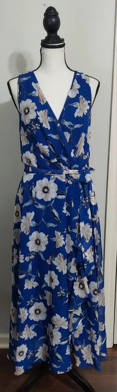 Jessica Howard Missy 14 Blue Floral Chiffon Faux-Wrap Midi Dress Ruffle Tie NWT
