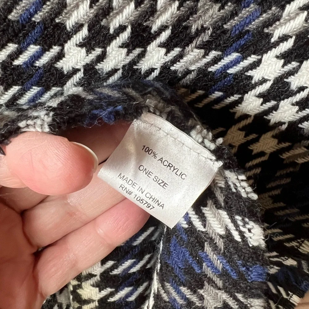 Black Blue Gray White Houndstooth Unisex Plaid Pattern Scarf Fringe NWOT #1192