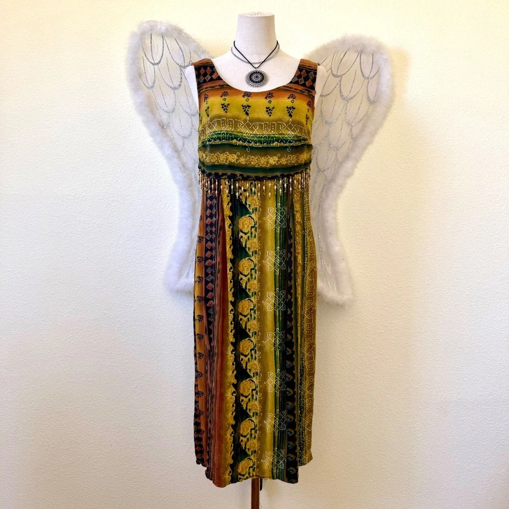 Earthy Boho Indie Grunge Tapestry Stripe‎ Midi Dress Green Rust Tank Beaded 90s