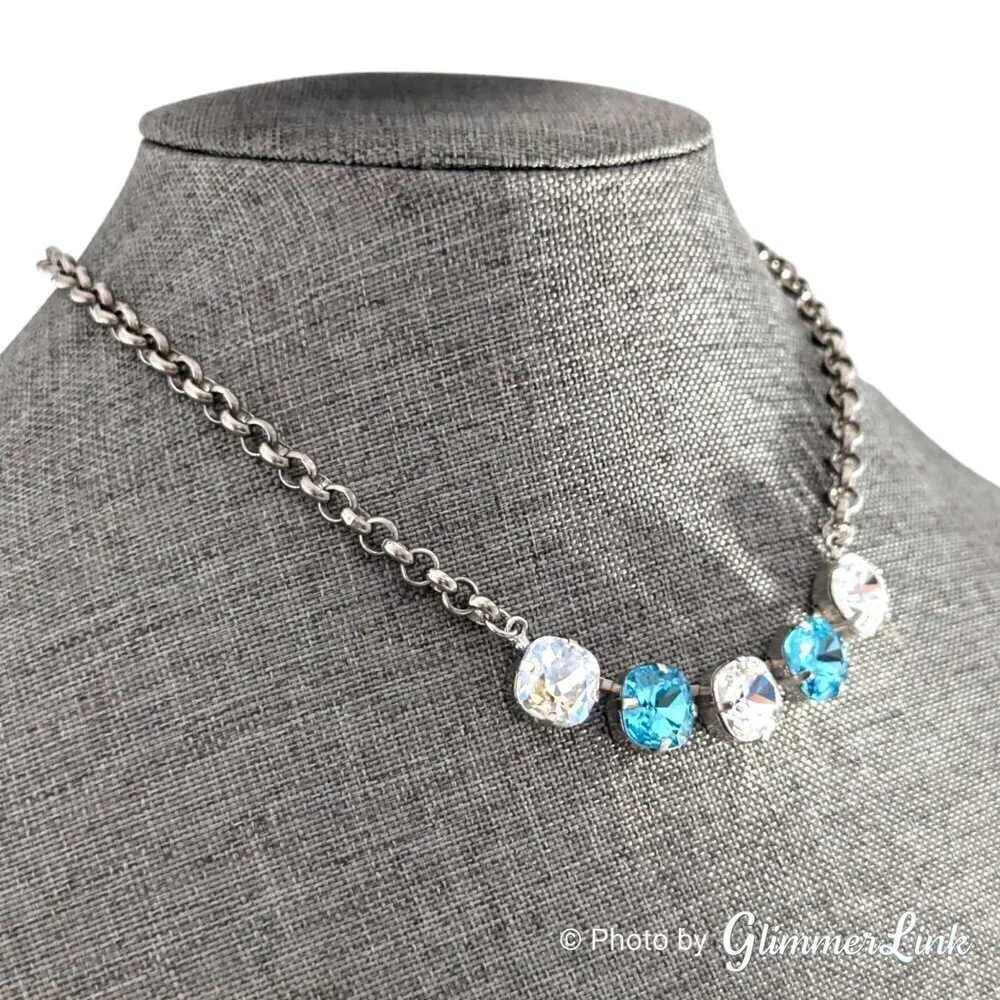 Sparkling Blue & Clear Cushion Crystal Silver Tone Necklace