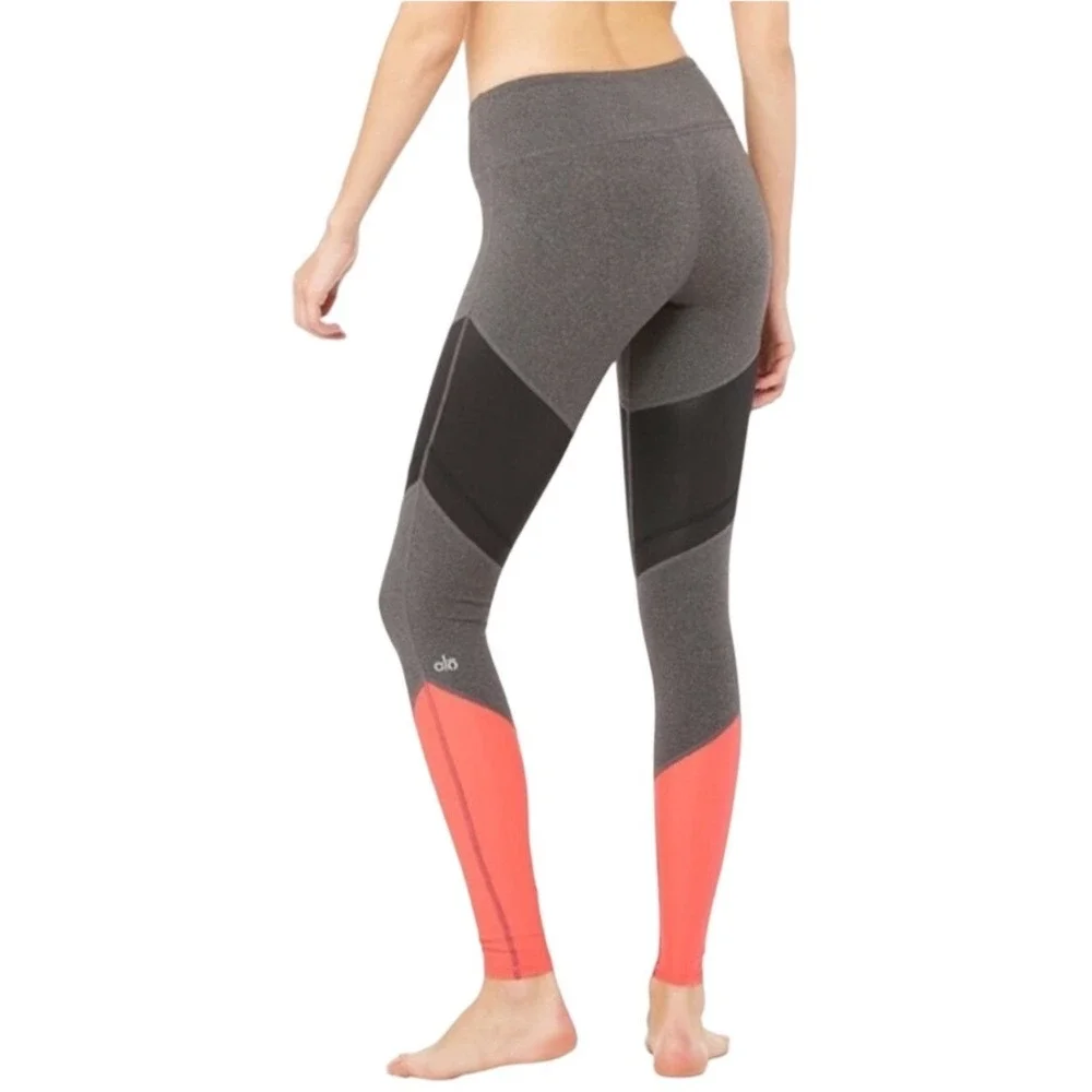 Alo Yoga Sheila‎ Alosoft Colorblock Leggings Gray Black Coral XS Athletic Gym