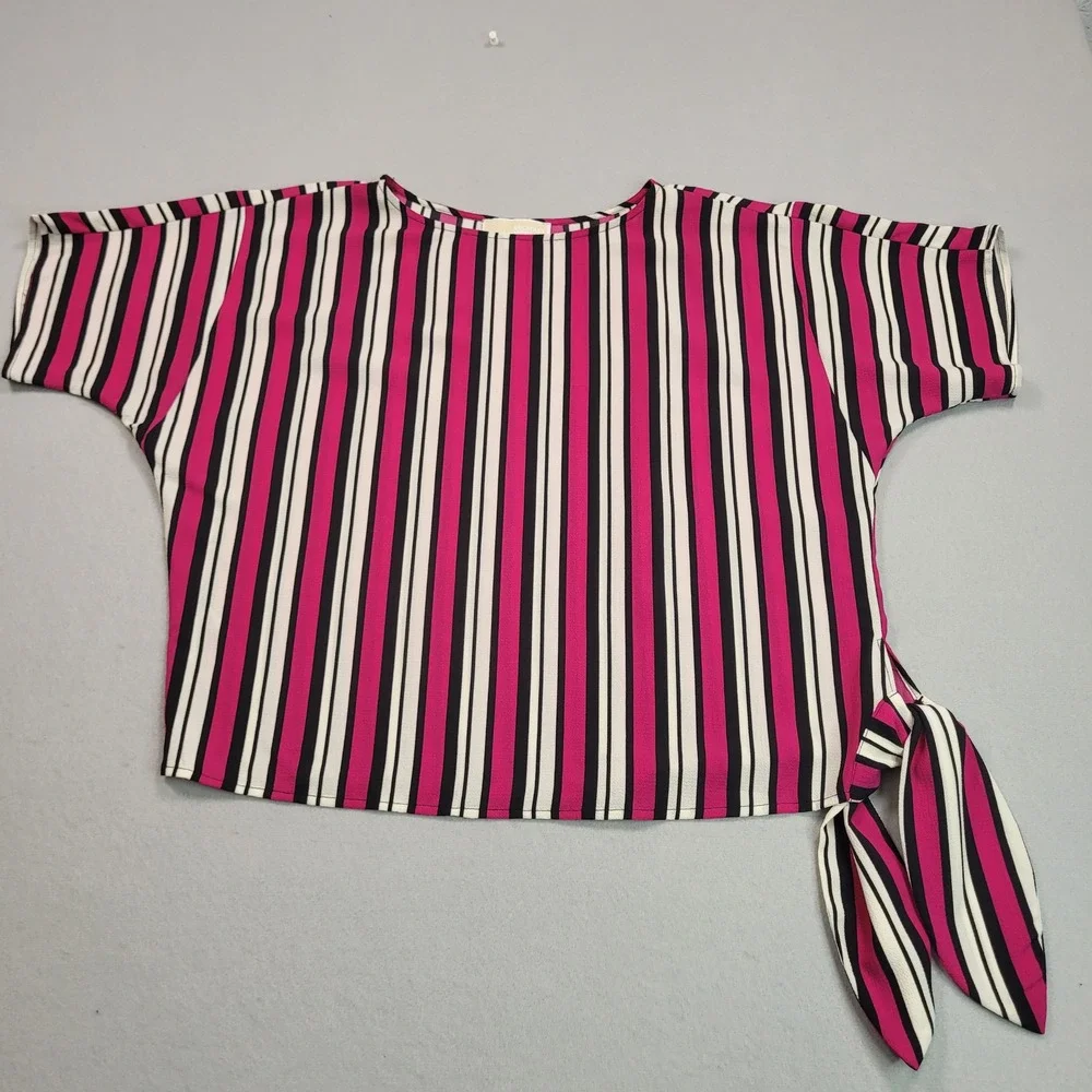 Michael Kors Petite Small Pink Black Striped Side Tie Blouse‎ Top Short Sleeve