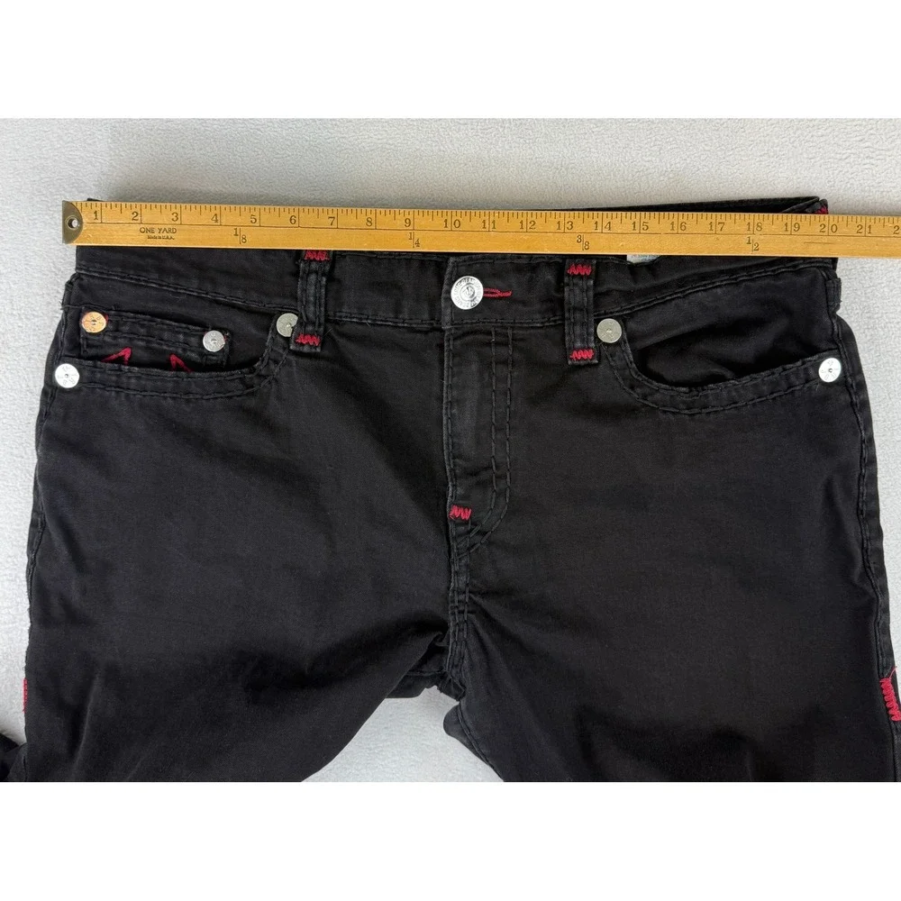 True Religion Ricky Relaxed Straight Jeans Mens 38 Black Red Contrast Stitching