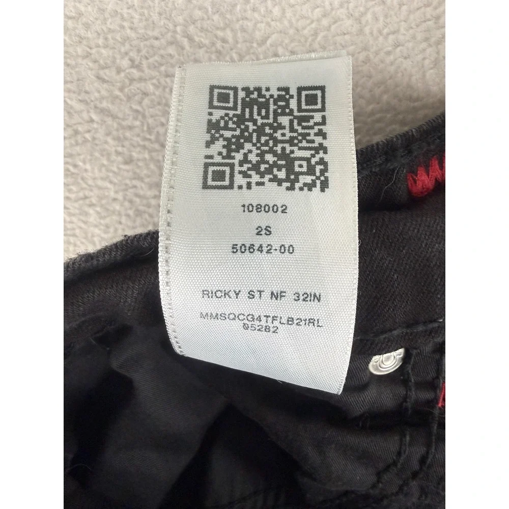 True Religion Ricky Relaxed Straight Jeans Mens 38 Black Red Contrast Stitching