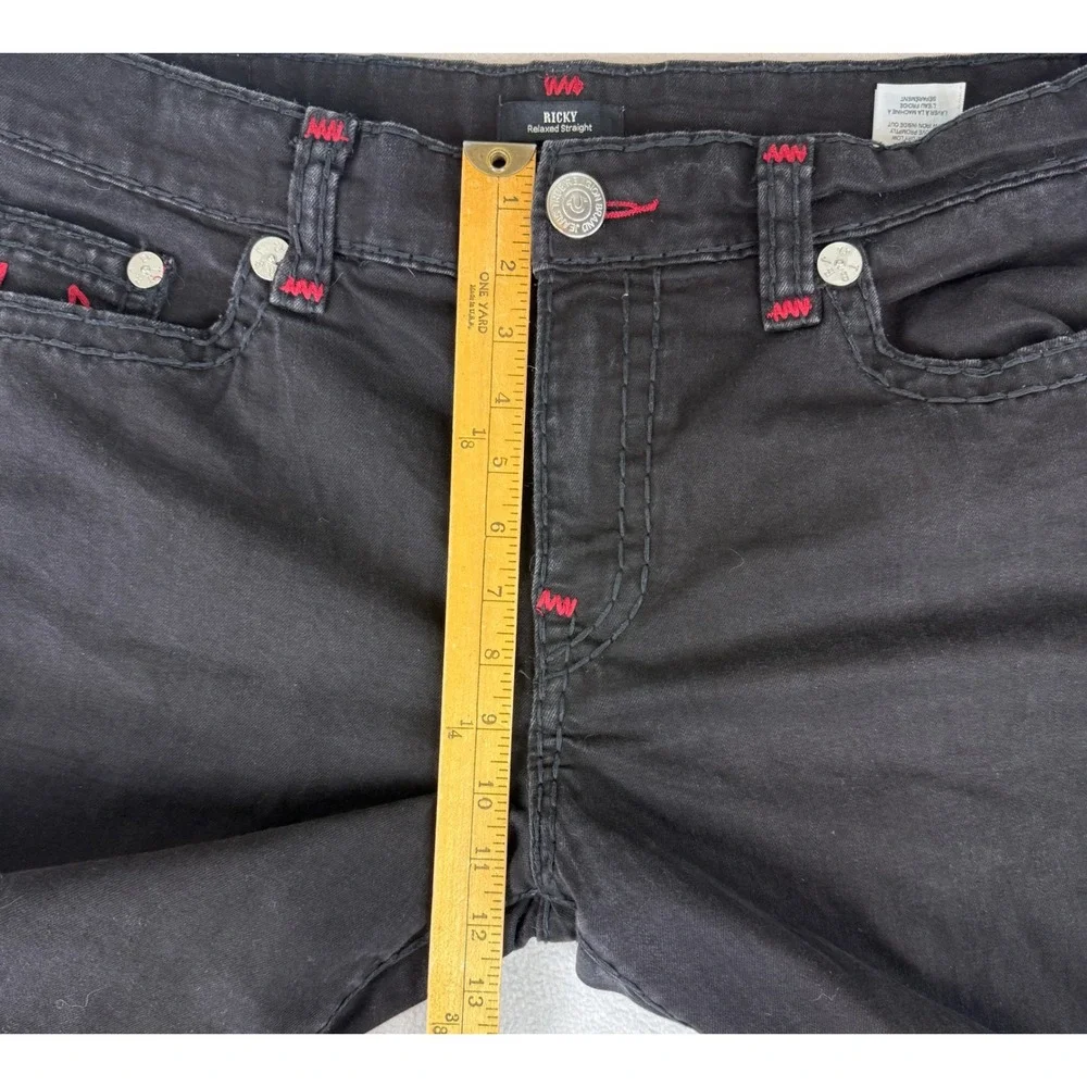 True Religion Ricky Relaxed Straight Jeans Mens 38 Black Red Contrast Stitching