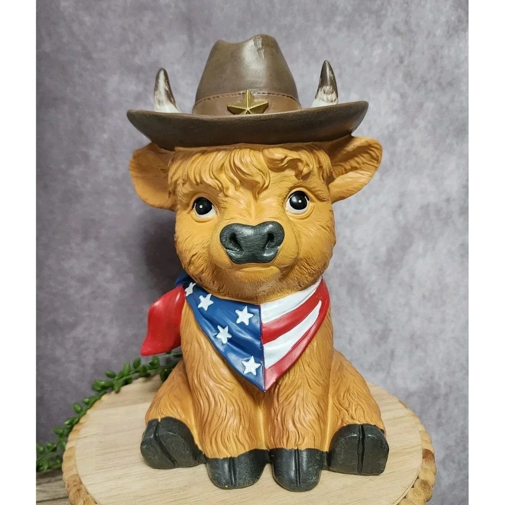 Patriotic 4th of July Memorial Day Highland Cow W/ Cowboy Hat Scarf Figurine 10