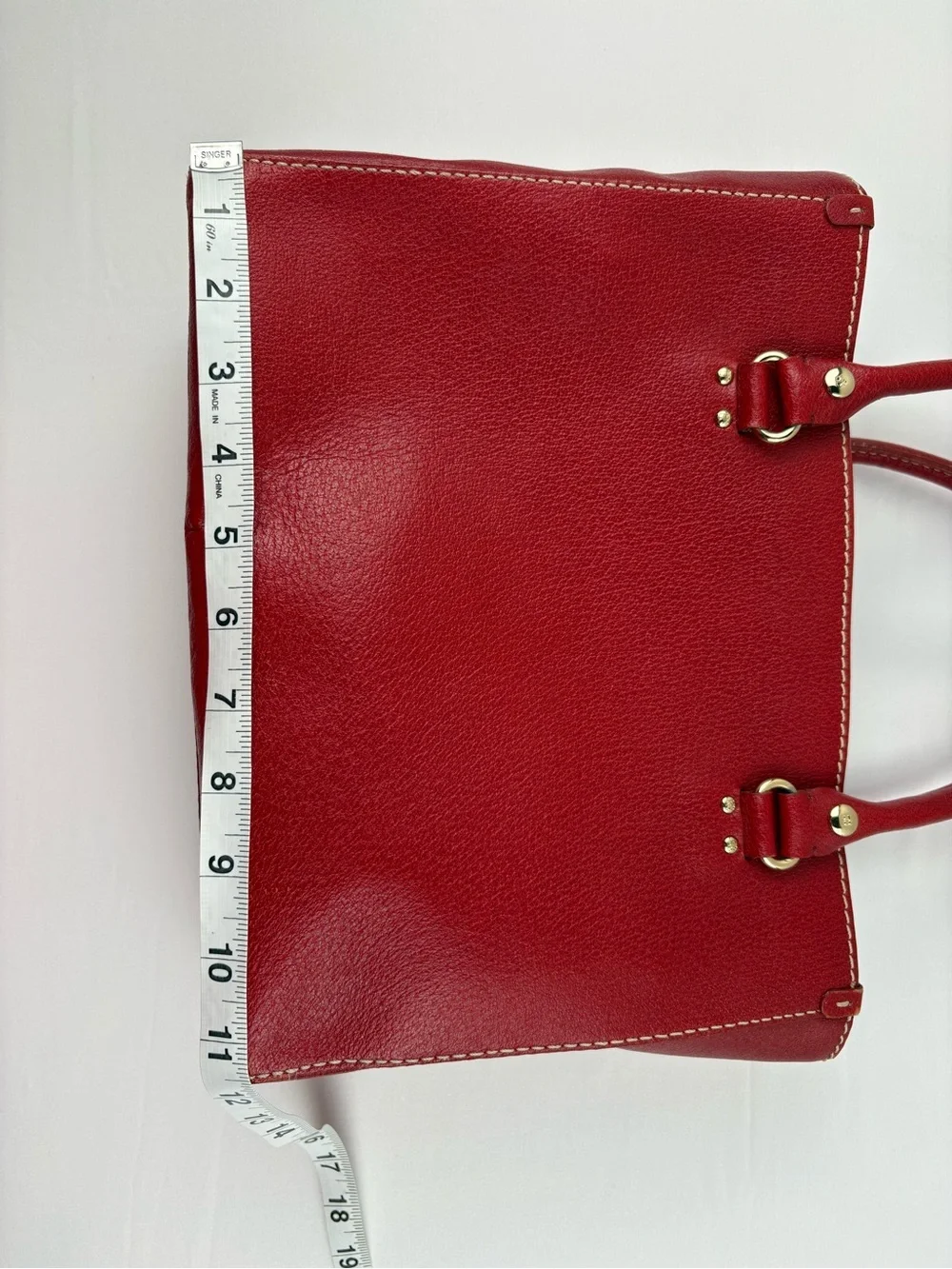 kate spade Red Pebbled Leather Structured Tote with Gold Accents