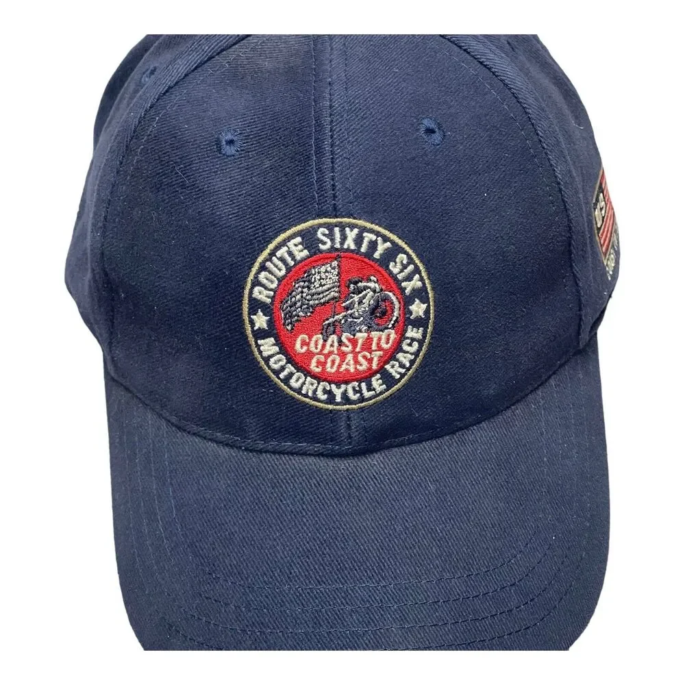 Embroidered Highway Route 66 Cap Blue Hat Adjustable Hook Loop Adults