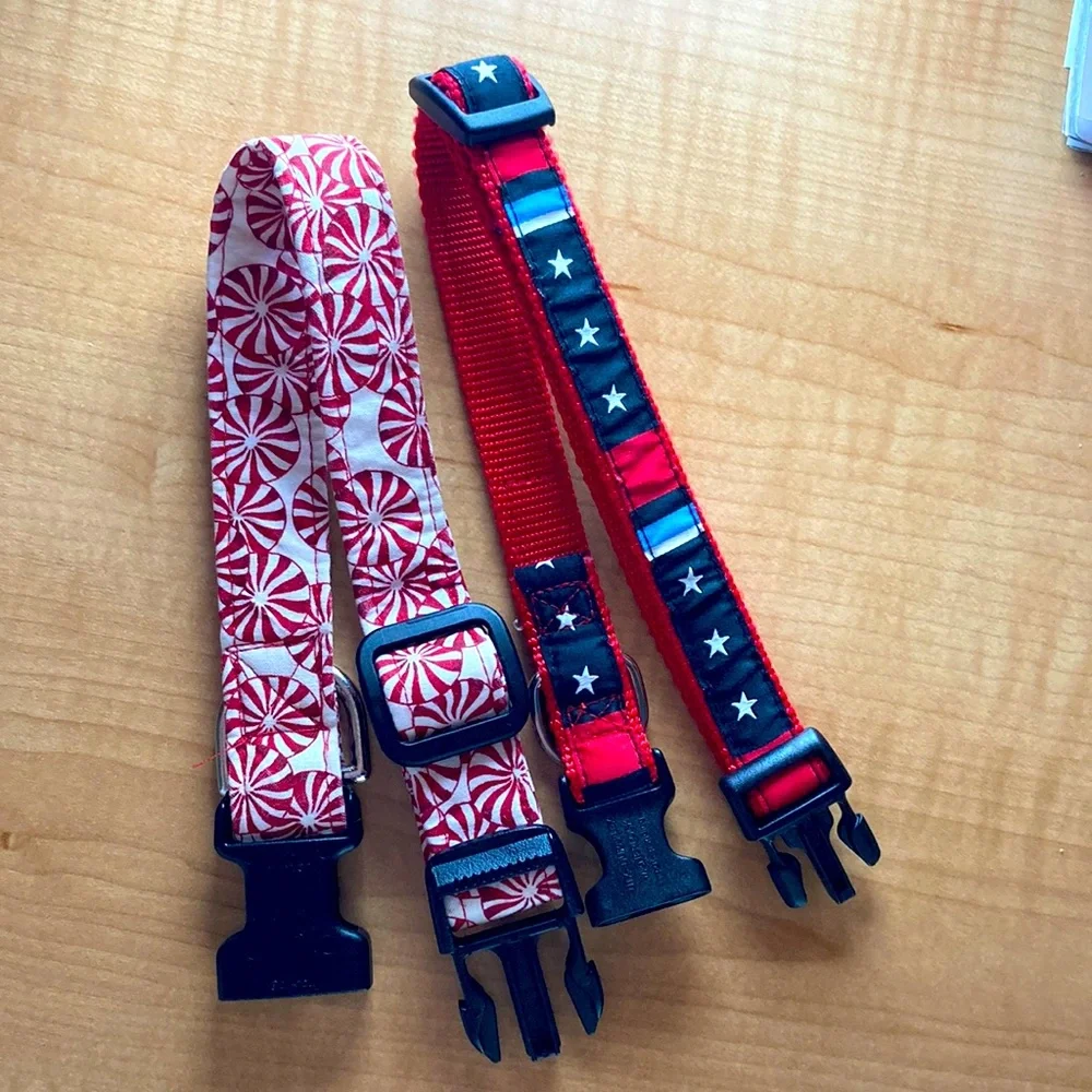 July 4th Holiday Dog collars Christmas peppermint swirls stars red blue SM-Med