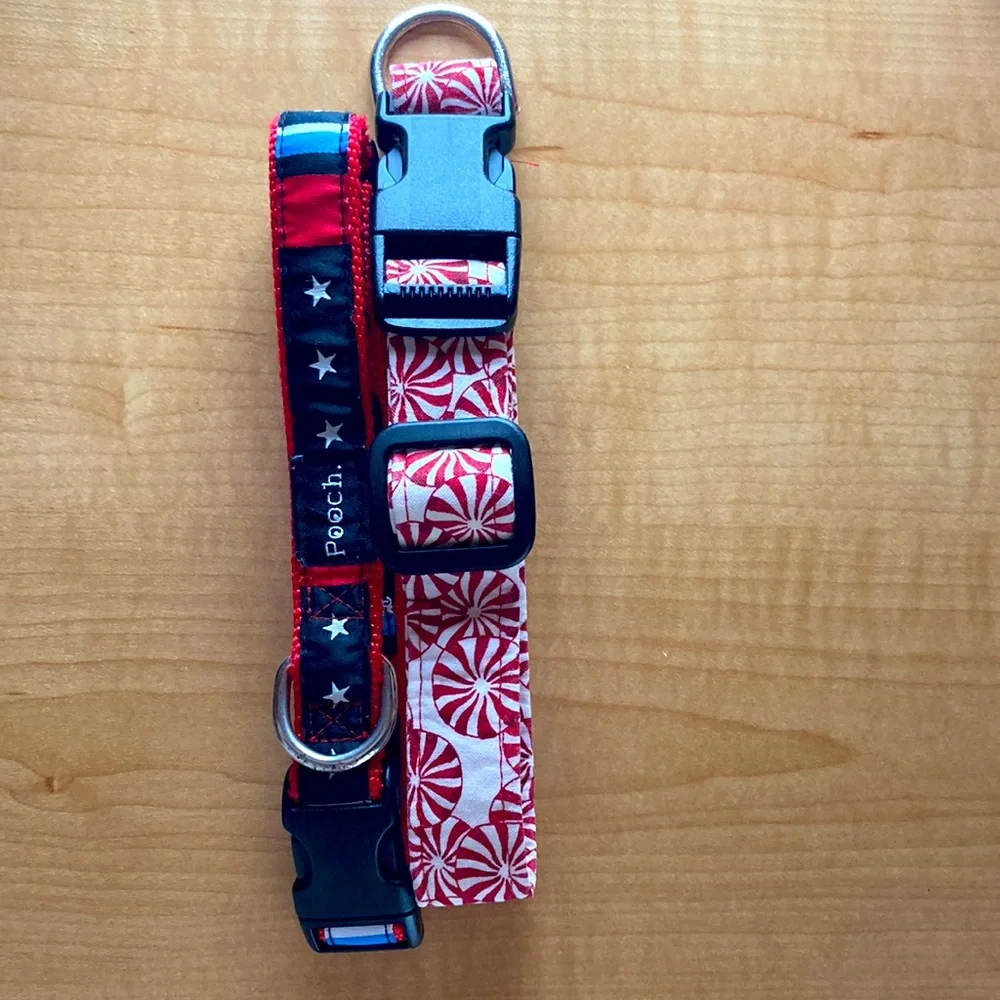 July 4th Holiday Dog collars Christmas peppermint swirls stars red blue SM-Med