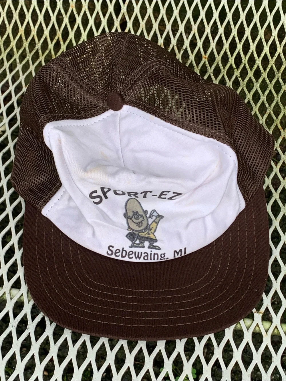Vintage Sport-EZ Sebewaing MI Mesh Trucker Hat  SnapBack Brown & White