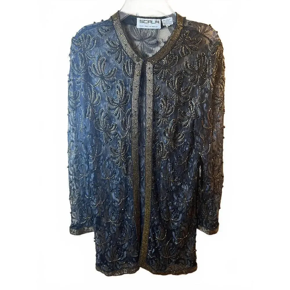 Scala Evening Wear Sheer Beaded Lace Vintage Long Cardigan Jacket Size Small
