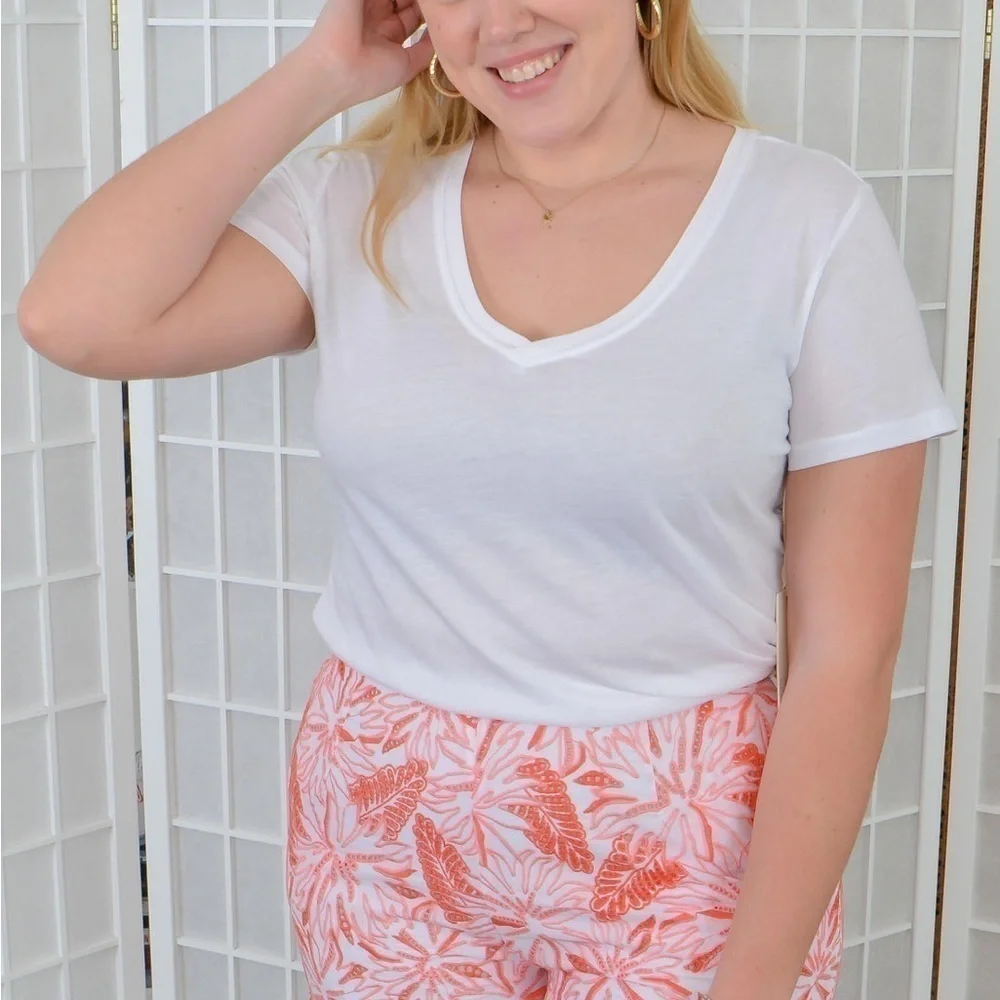 New White and Coral Maia 100% Cotton Embroidered High Waist Shorts