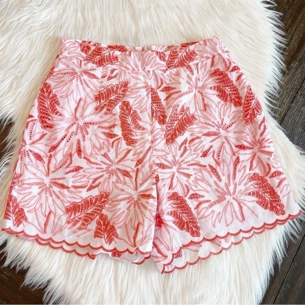 New White and Coral Maia 100% Cotton Embroidered High Waist Shorts