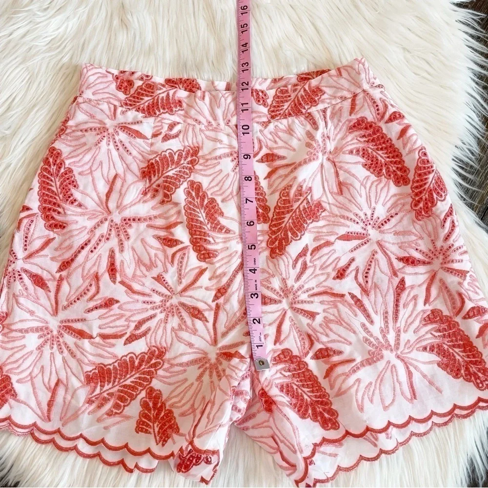 New White and Coral Maia 100% Cotton Embroidered High Waist Shorts