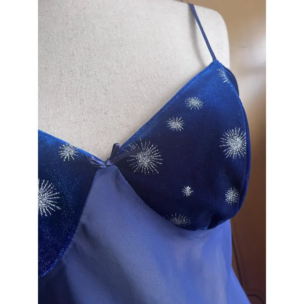 Vintage sheer nightgown with velvet details in midnight blue, size S