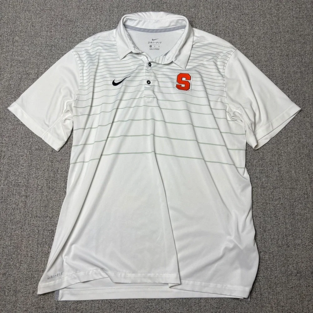 Nike Polo Shirt Mens XL White Syracuse Orange Dri-FIT Striped Short Sleeve Golf