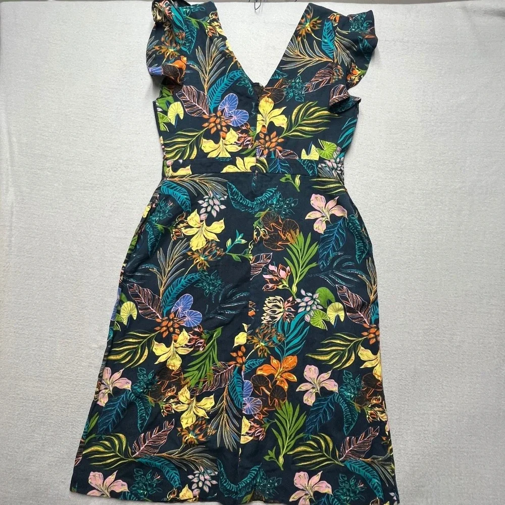 New Tropical Floral‎ Midi Dress Women 16 Linen Blend Ruffle Sleeve V Neck Sumer