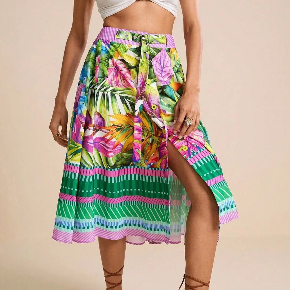 Green Boho Women's Tropical Watercolor Palm Leaf A-Line Midi Skirt