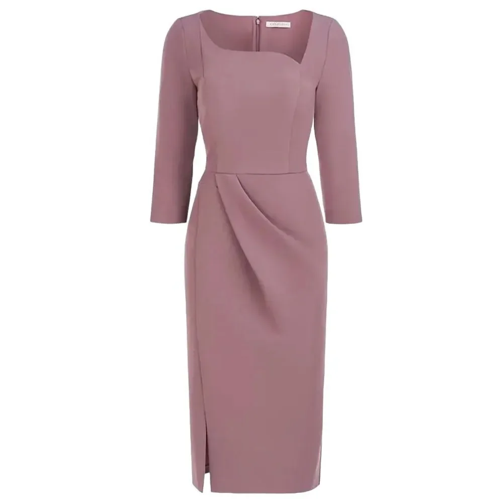 NWT KAY UNGER Size 4 Anya Asymmetric Crepe Midi-Dress - Mink color