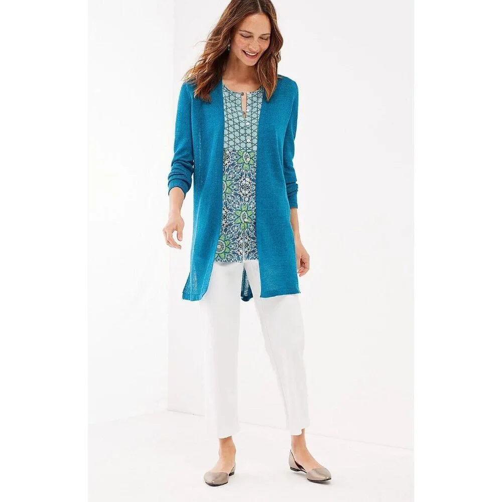 J. Jill Womens Linen Blend Open Front‎ Long Cardigan in Oceanside Size S Summer