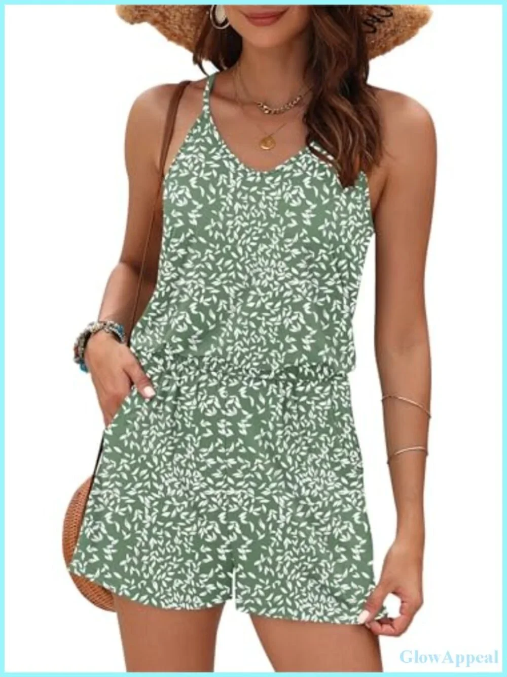 Floral Spaghetti Strap Short Romper Jumpsuit with Pockets