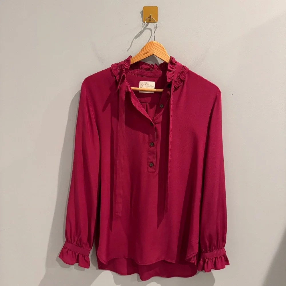 NEW J. Crew Classic-Fit Ruffle Neck Silk Popover Shirt in Pink, Size 4