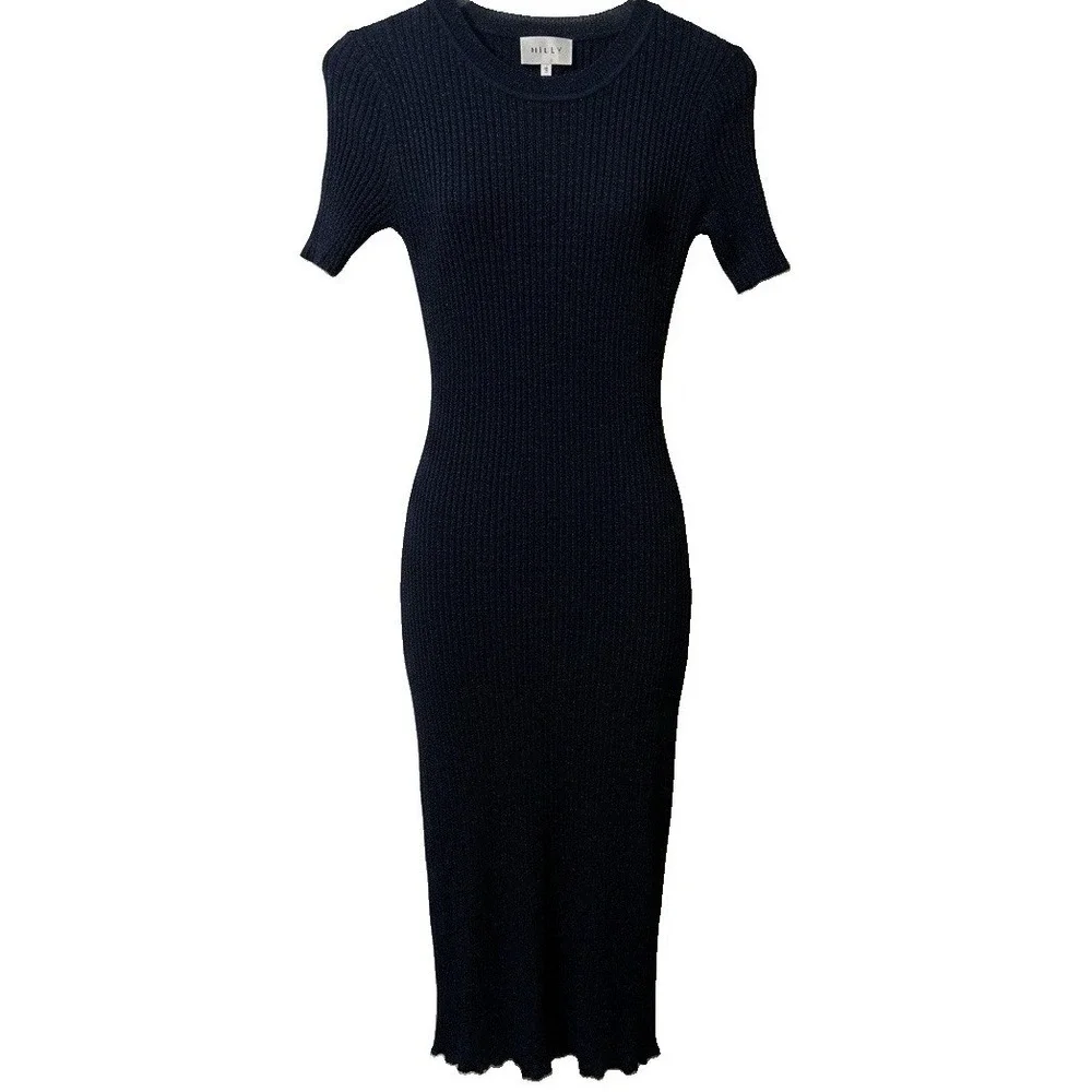 Milly Metallic Stardust Ribbed Sweater Dress XS Navy Blue Siren Celeb Style