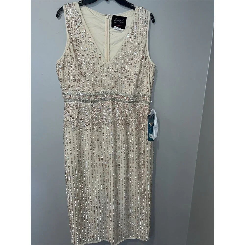 MAC DUGGAL Women's Sequin Sheath Midi Dress Nude 12 New with Tags
