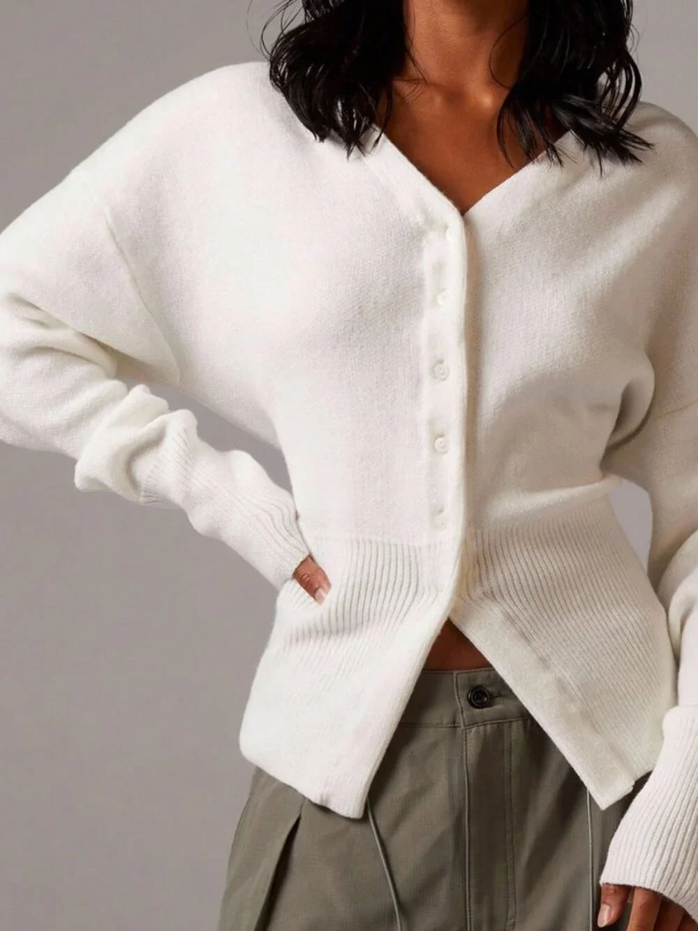White Casual Women's Cinched Waist Knitted Cardigan