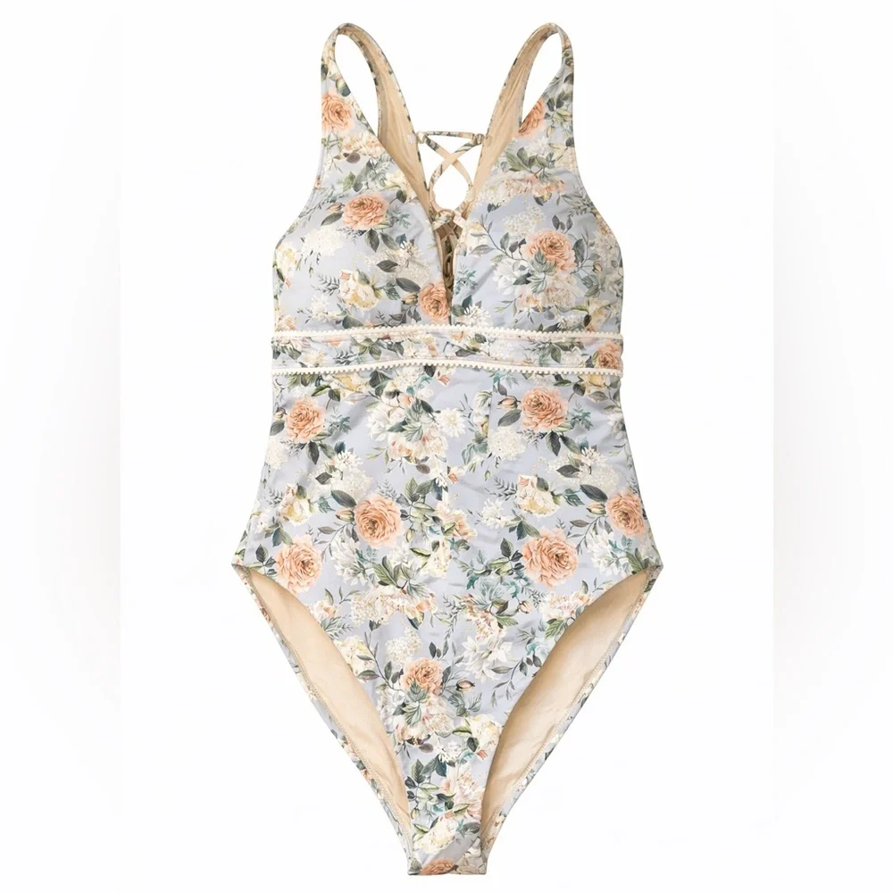 Aqua Blu Floral One-Piece Swimsuit in Light Blue and Peach