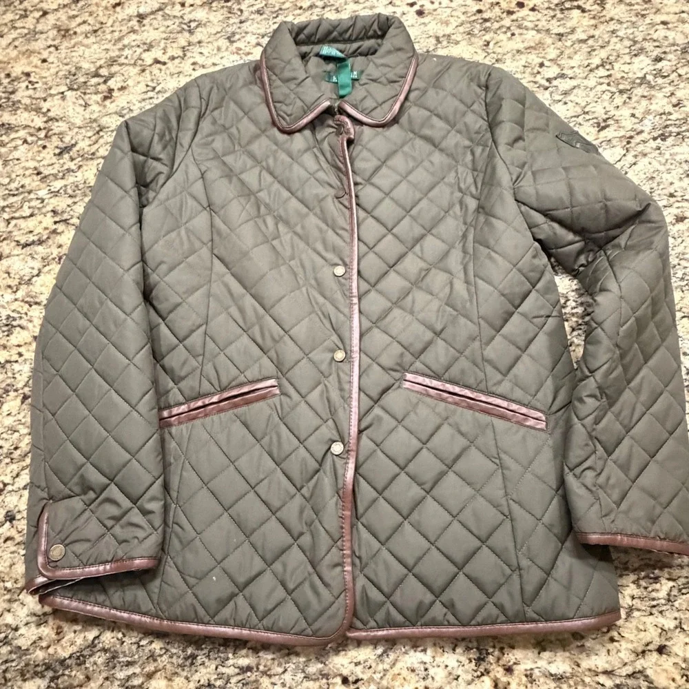 Lauren Ralph Lauren Quilted Jacket Olive Green Faux Leather Trim Women Large