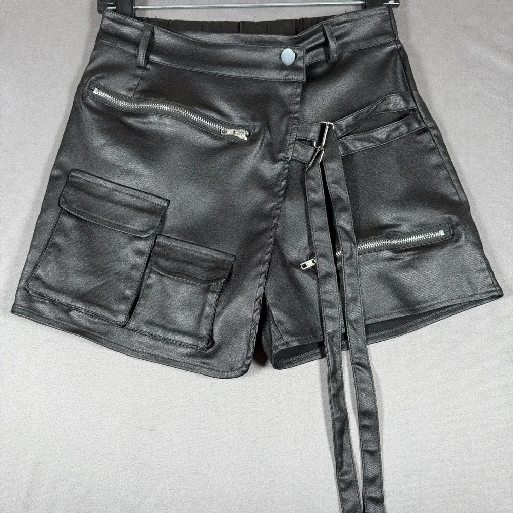 Faux‎ Leather Rave Skort Womens Medium M Black Zipper Wrap Punk Streetwear Goth