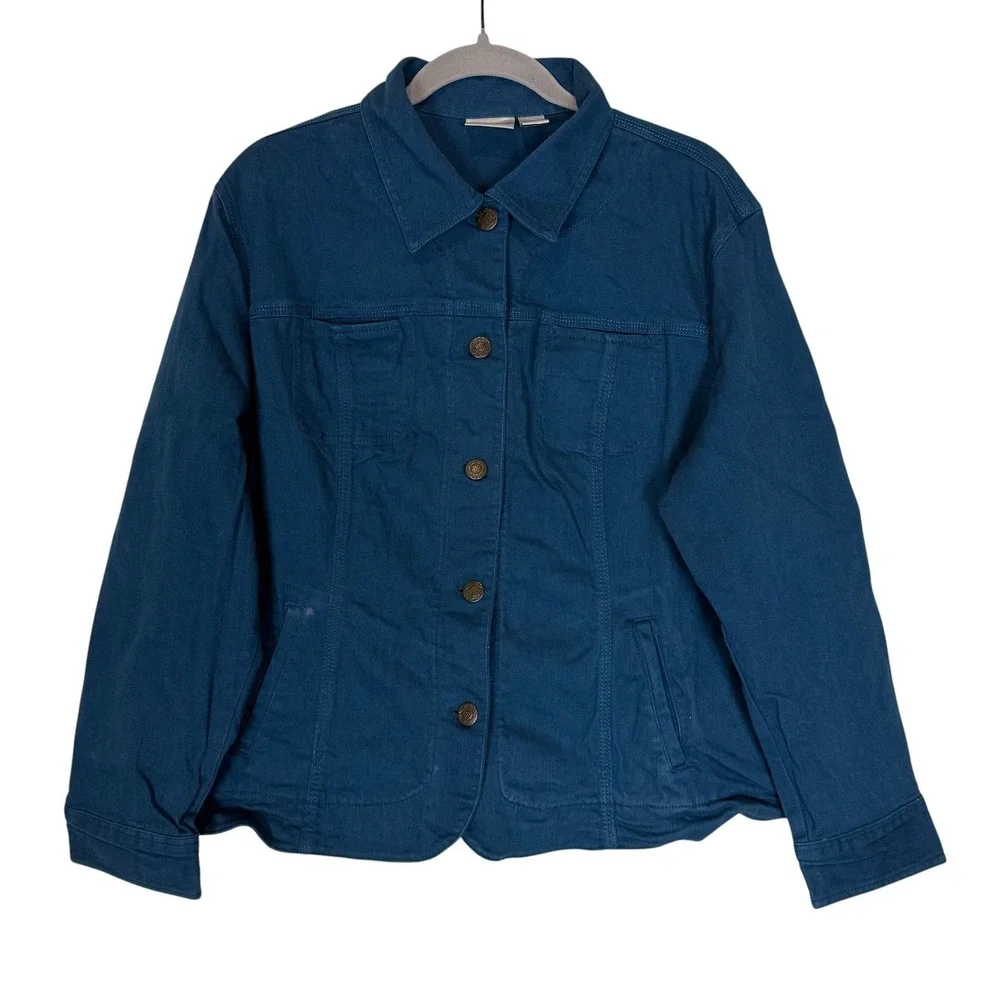 Chico's‎ Jacket Womens 3 Blue Denim Button Front Embroidered Back Boho Casual