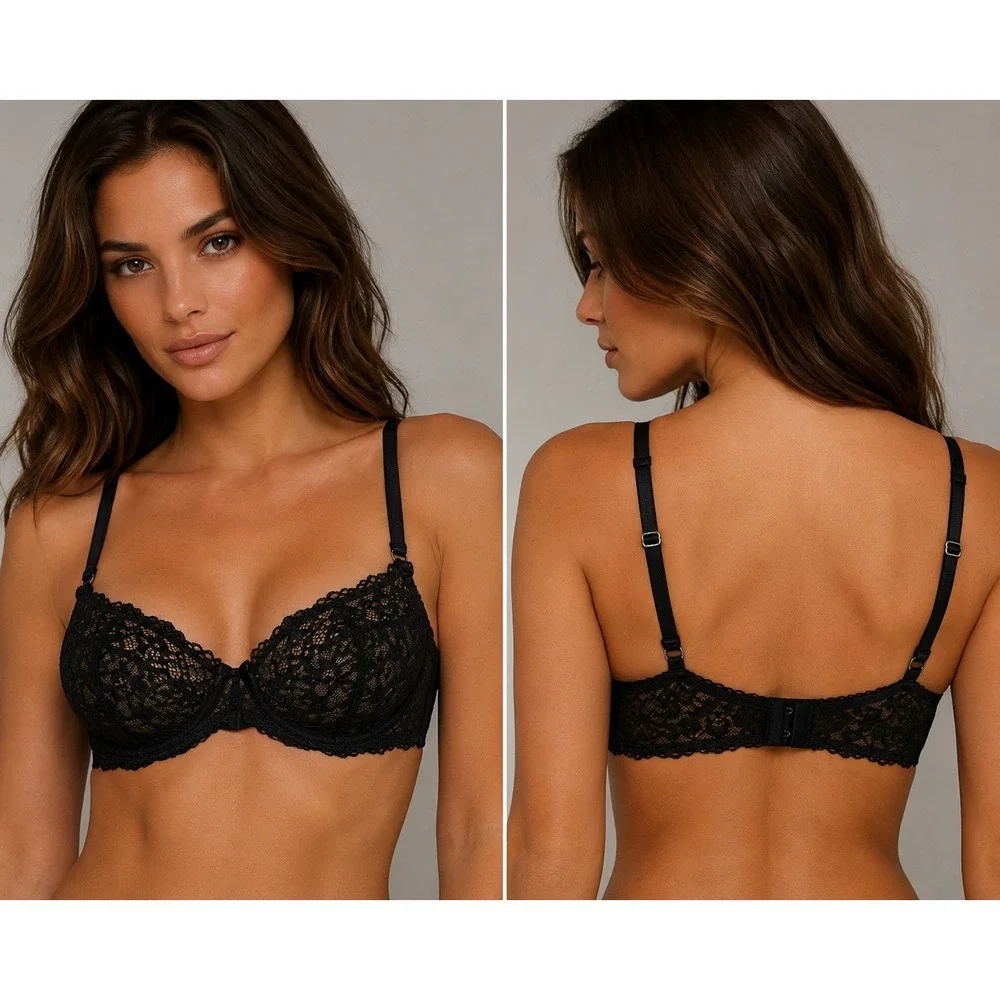 Victorias Secret Very Sexy Balconet Bra Black Floral Lace Unlined Underwire 36D