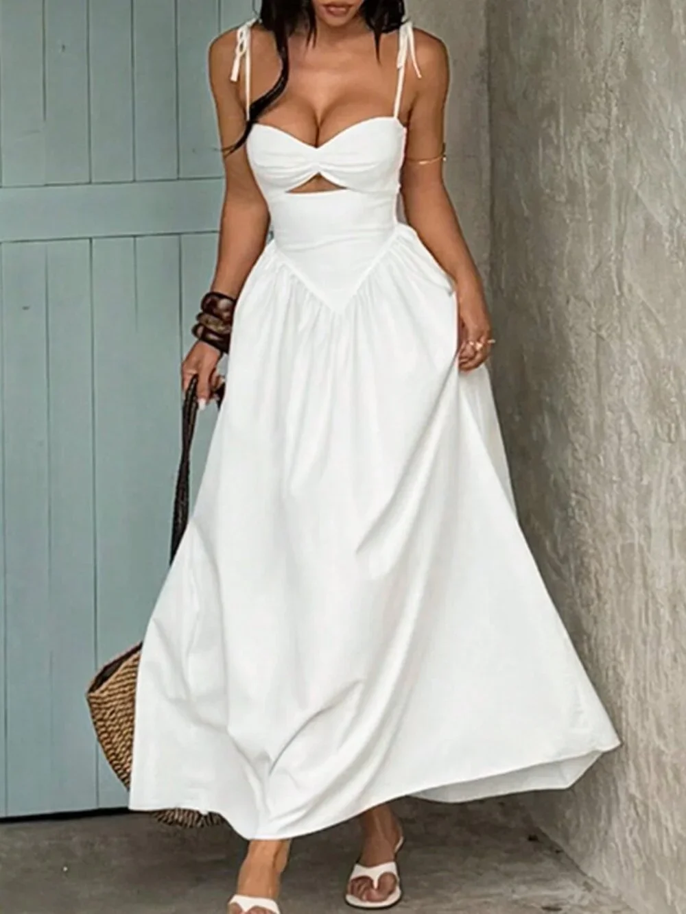 White Elegant Women's Strapless Waist Puff Sleeve Dress