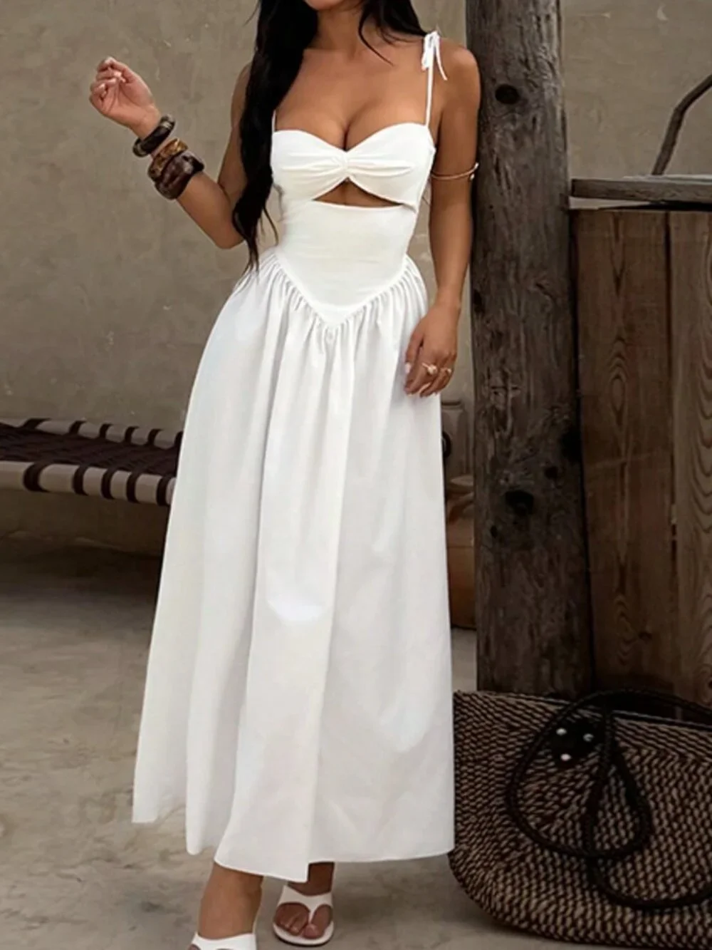 White Elegant Women's Strapless Waist Puff Sleeve Dress