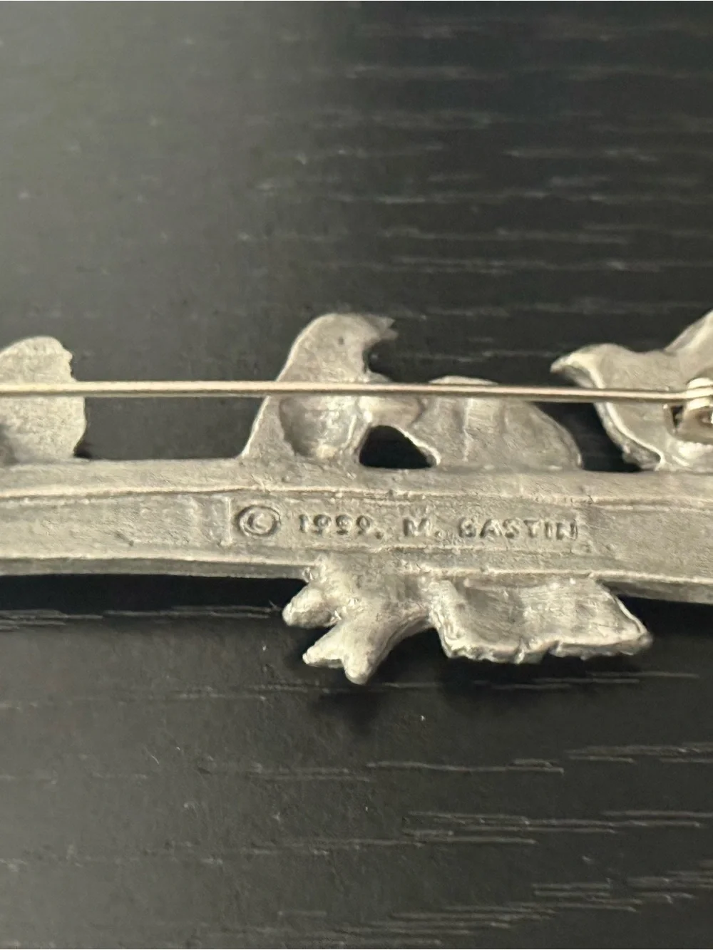 Vintage 1999 Pewter Brooch Titled “Birds at the Feeder” by Marjolein Bastin