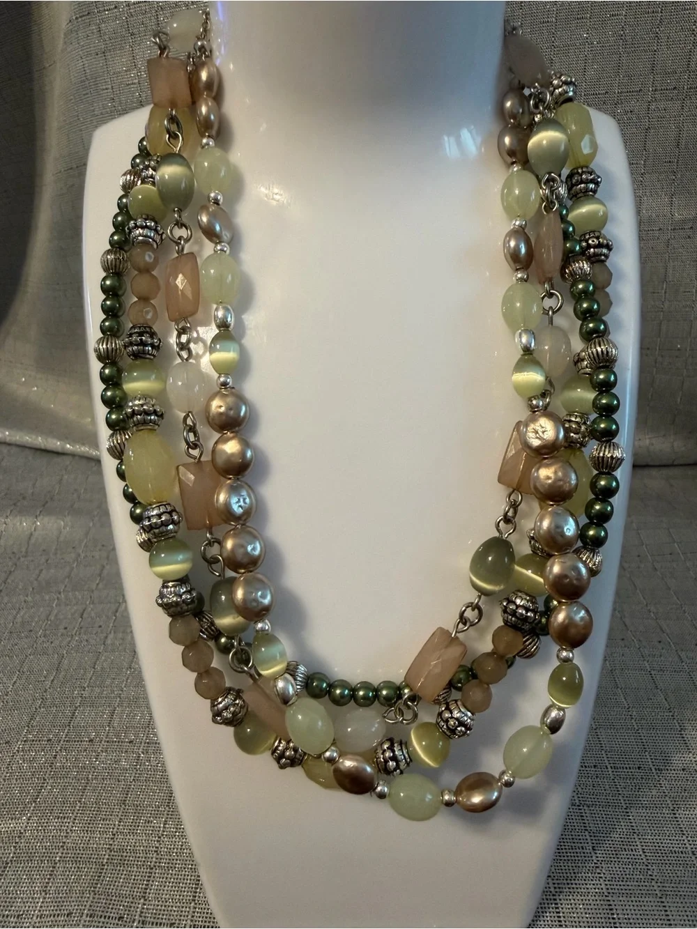 Multi-Strand Green and Gold Beaded Statement Necklace