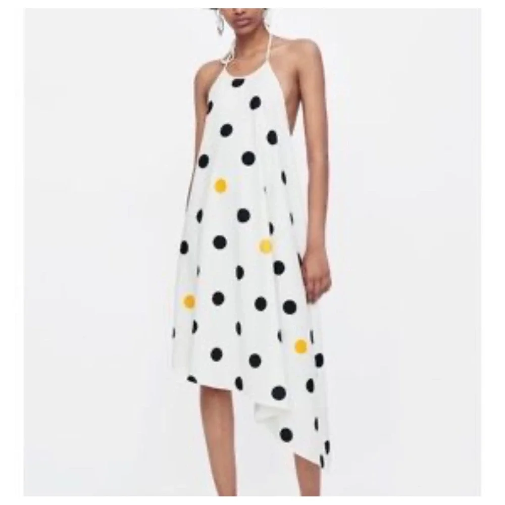 Zara Polka Dot Dress Womens Small White Yellow Halter Asymmetric Hem Summer Boho