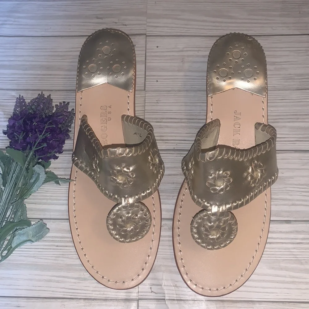 Jack Rogers Gold Leather Thong Sandals for Women