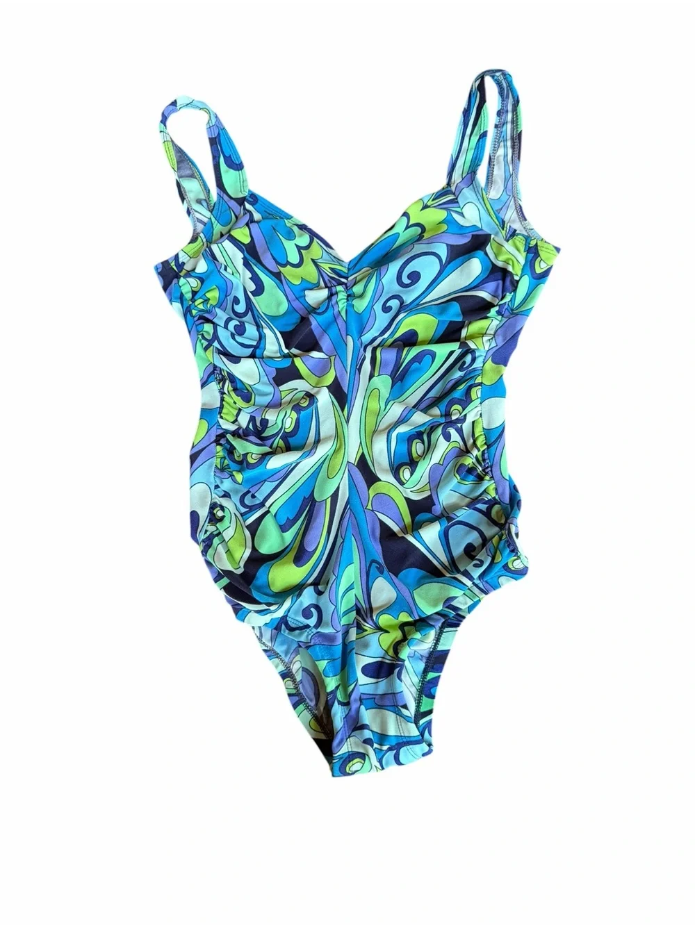 Late 70s/Early 80s Gabar Psychedelic Swirl Ruched Sides Soft Cups One-Piece Swim