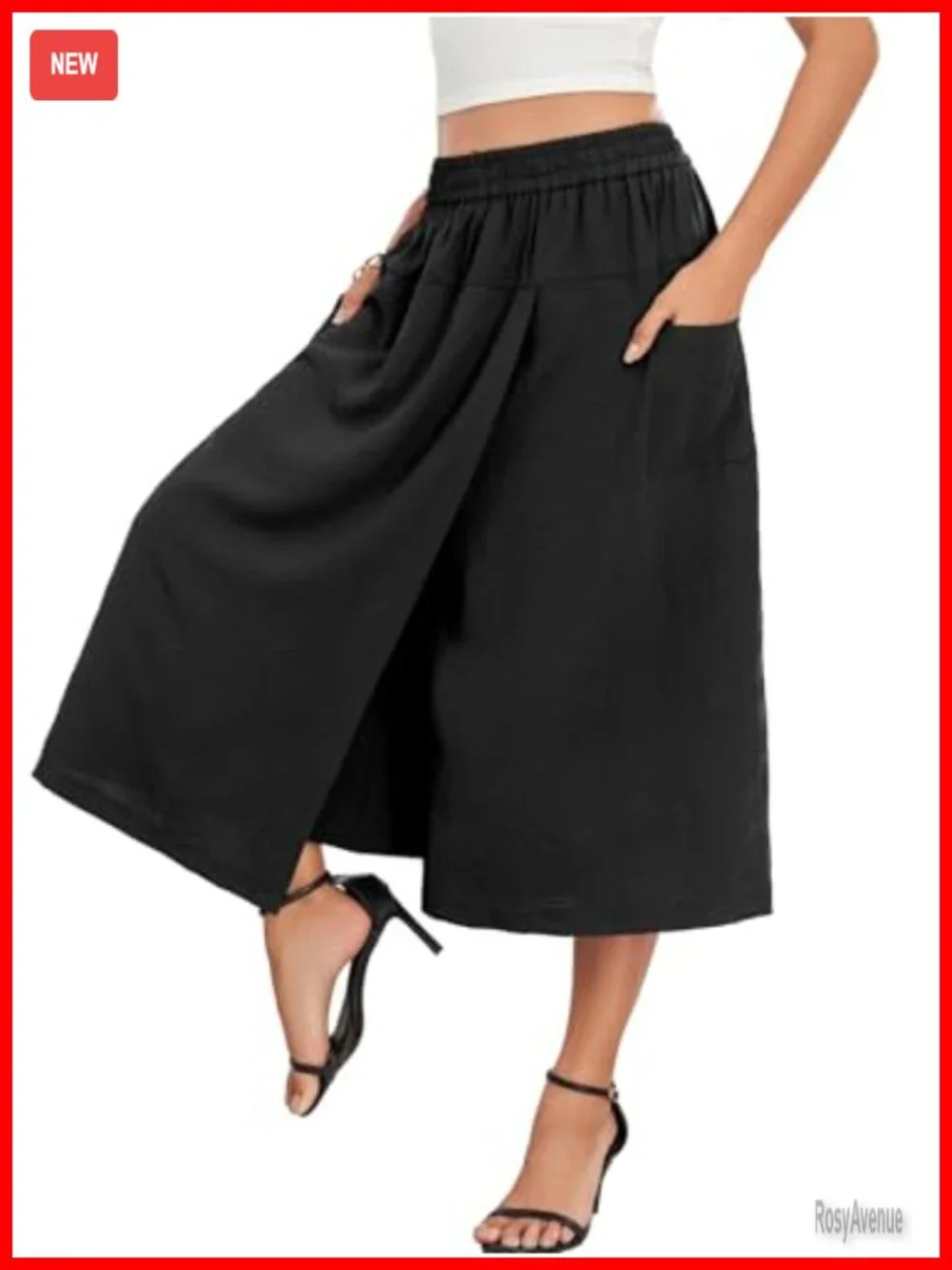 Wide Leg Culottes Pants with Skirt Overlay Flowy Palazzo Capris Pockets