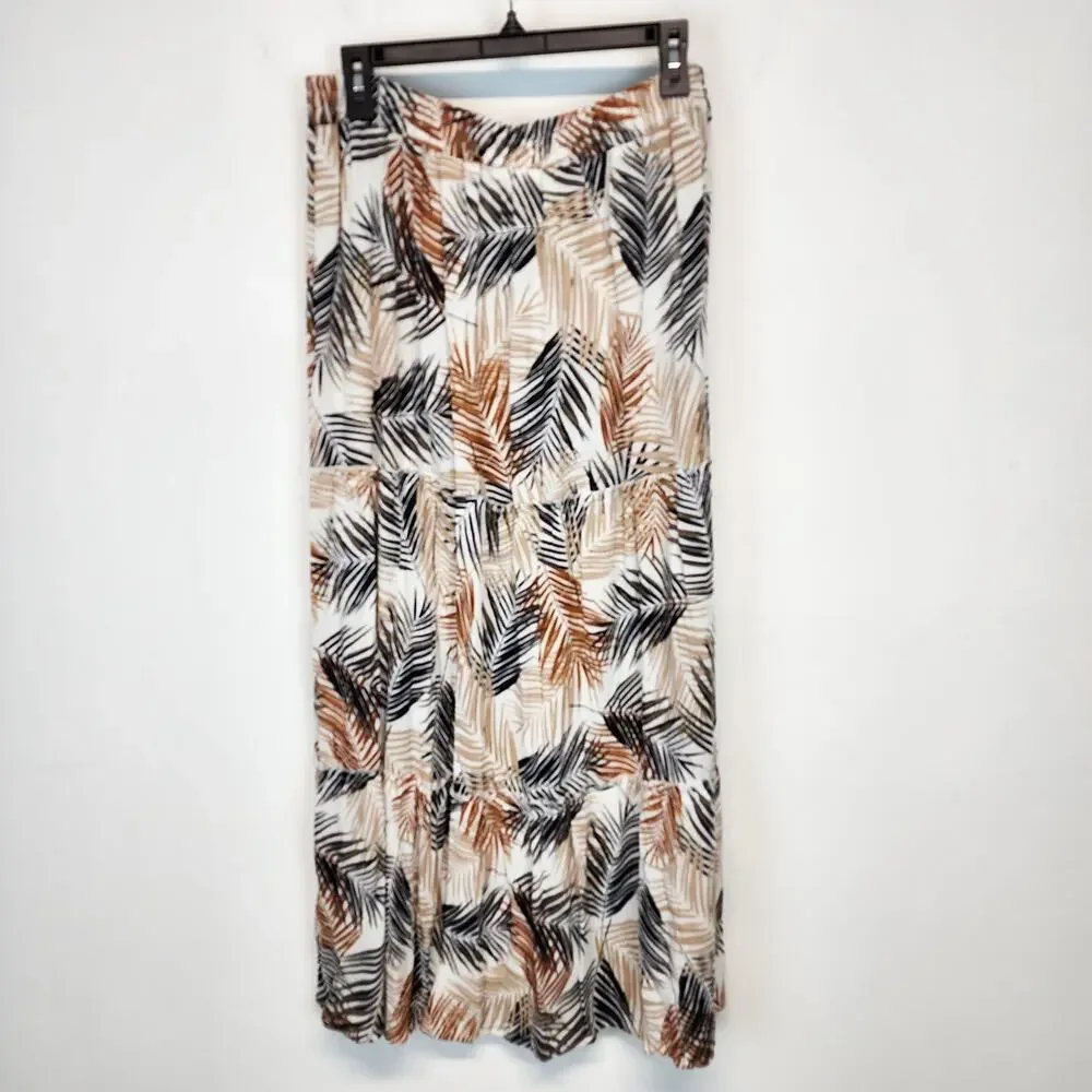 Robert Louis Tropical Print Maxi Skirt Size L Brown Tiered 100% Rayon Vacation