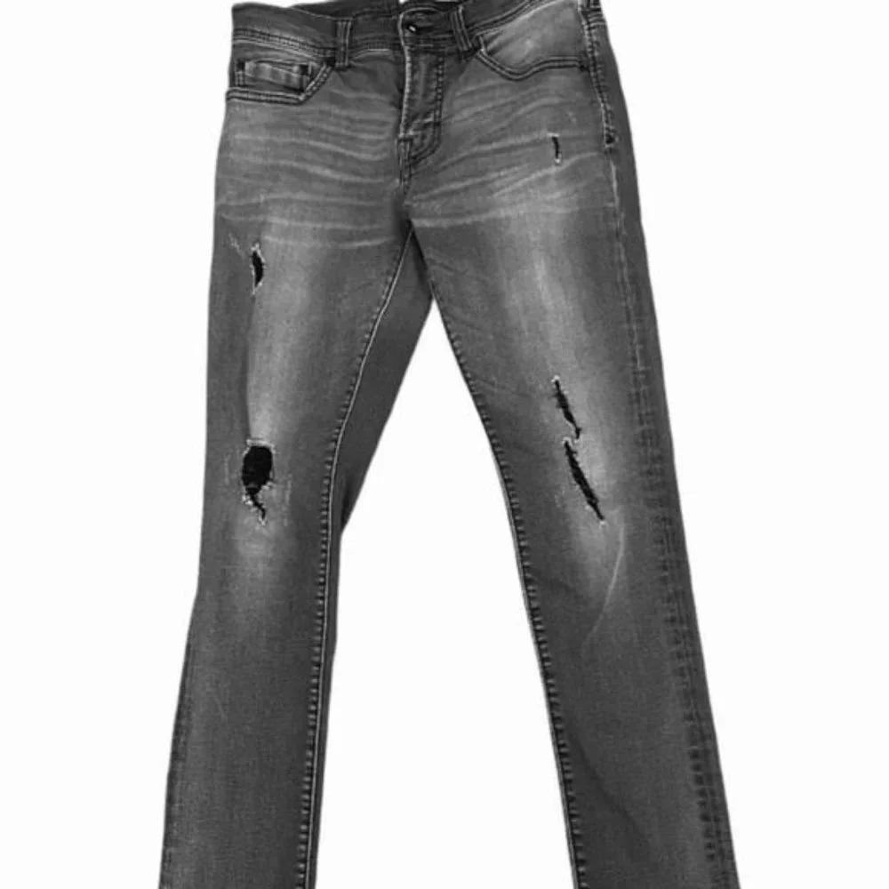Departwest Trouper Black Fade Destructed Taper Stretch Jeans, Size 26/29